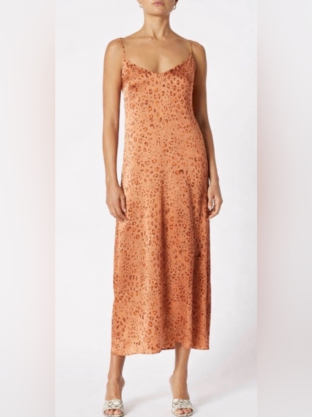 Scanlan Theodore Silk Women’s Leopard Print Slip Midi Dress Orange Size 8 Cockta